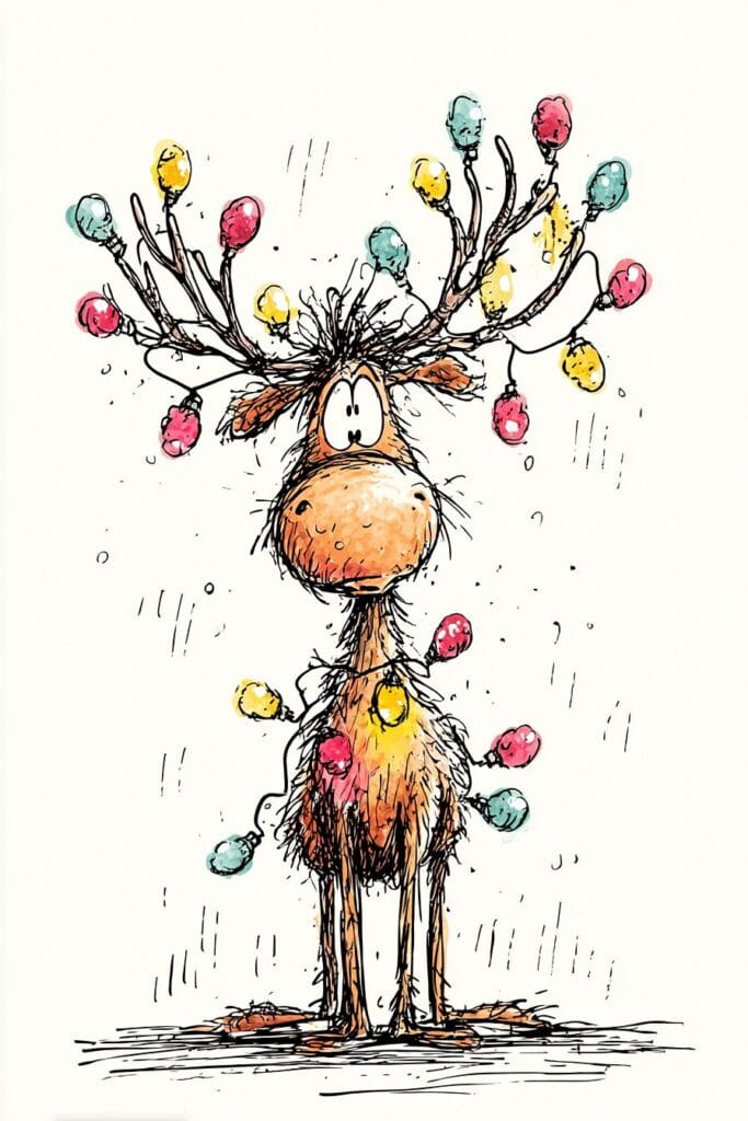 Colorful cartoon reindeer with Christmas lights sketch.