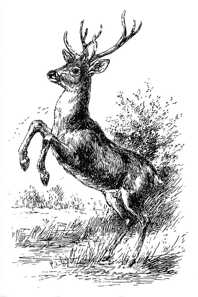 Intricate black and white sketch of a rearing stag with detailed antlers and fur detail.