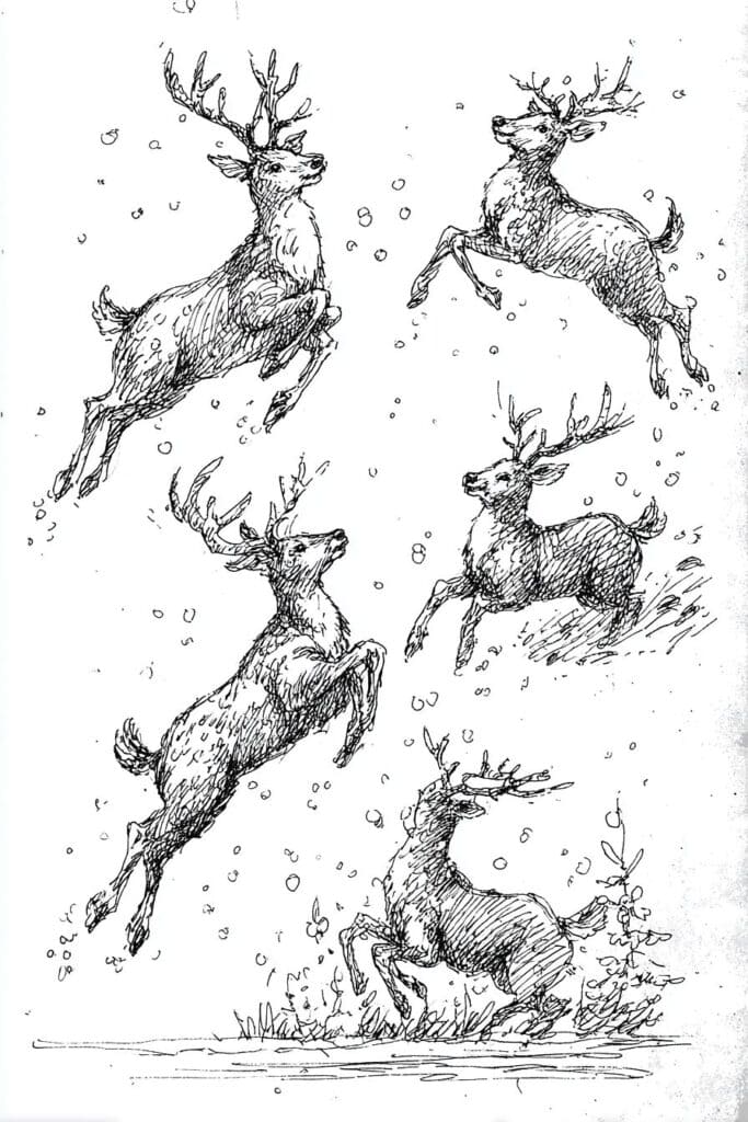 Reindeer sketch illustration for winter holiday art and doodle design.