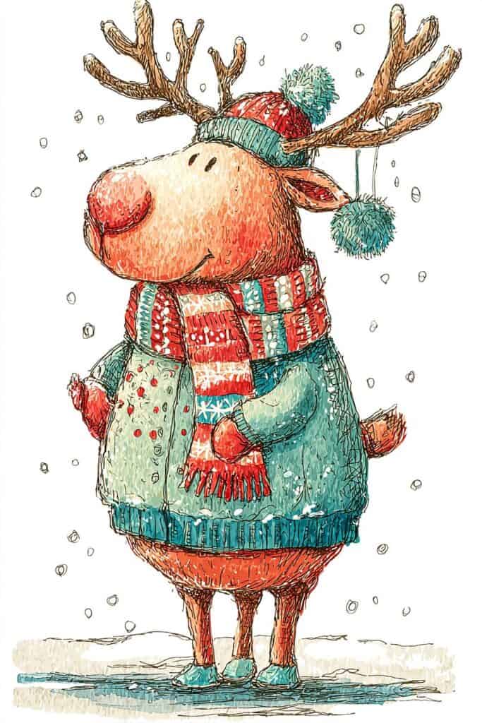 Colorful reindeer illustration with holiday sweater and winter accessories.