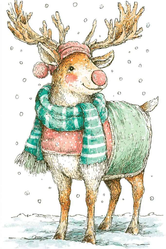 Cute reindeer with a pink nose wearing winter accessories in snow.