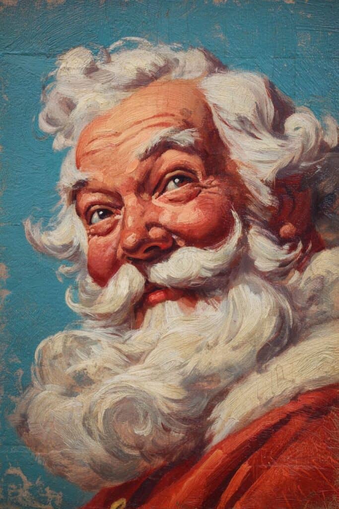 Vibrant painted portrait of Santa Claus with white beard and joyful expression against blue sky background.
