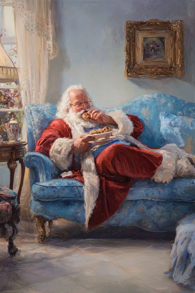 Festive Santa Claus enjoying cookies on a cozy blue sofa in a decorated living room.