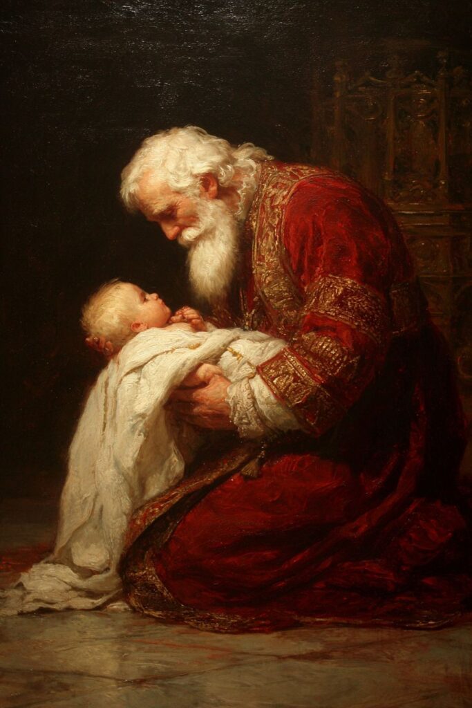 A close-up of an elderly man with a white beard holding a child, depicting a warm, religious scene.
