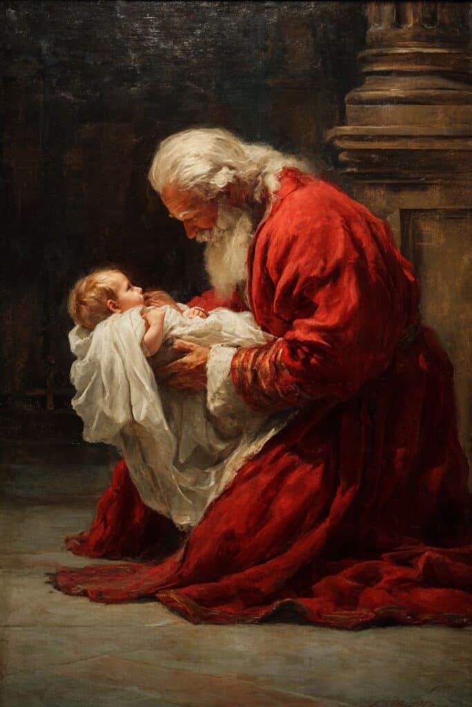 Father Christmas holding a baby in a traditional red robe, painting by Thomas Nast.