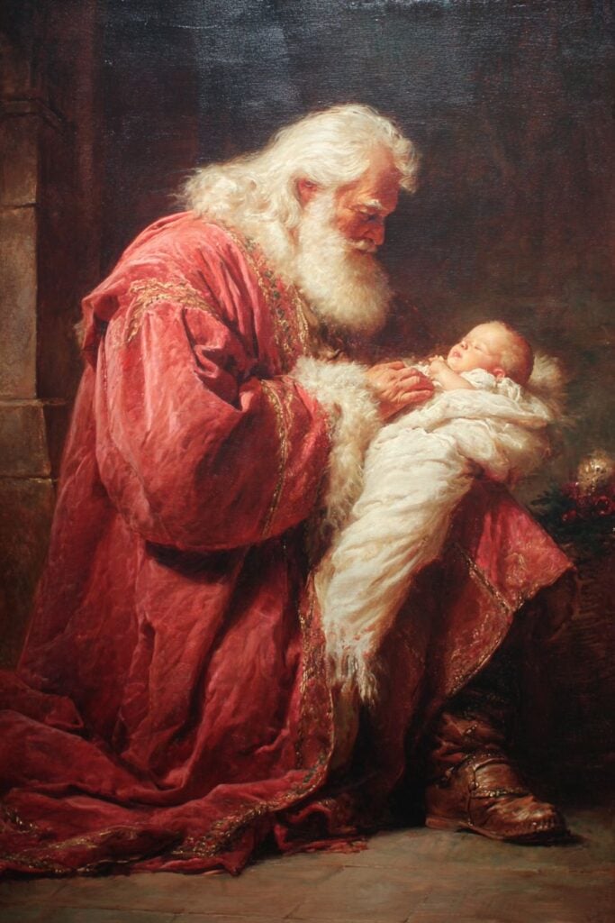 Gentle old man with white beard holding a baby in hands, traditional Christmas scene, oil painting.