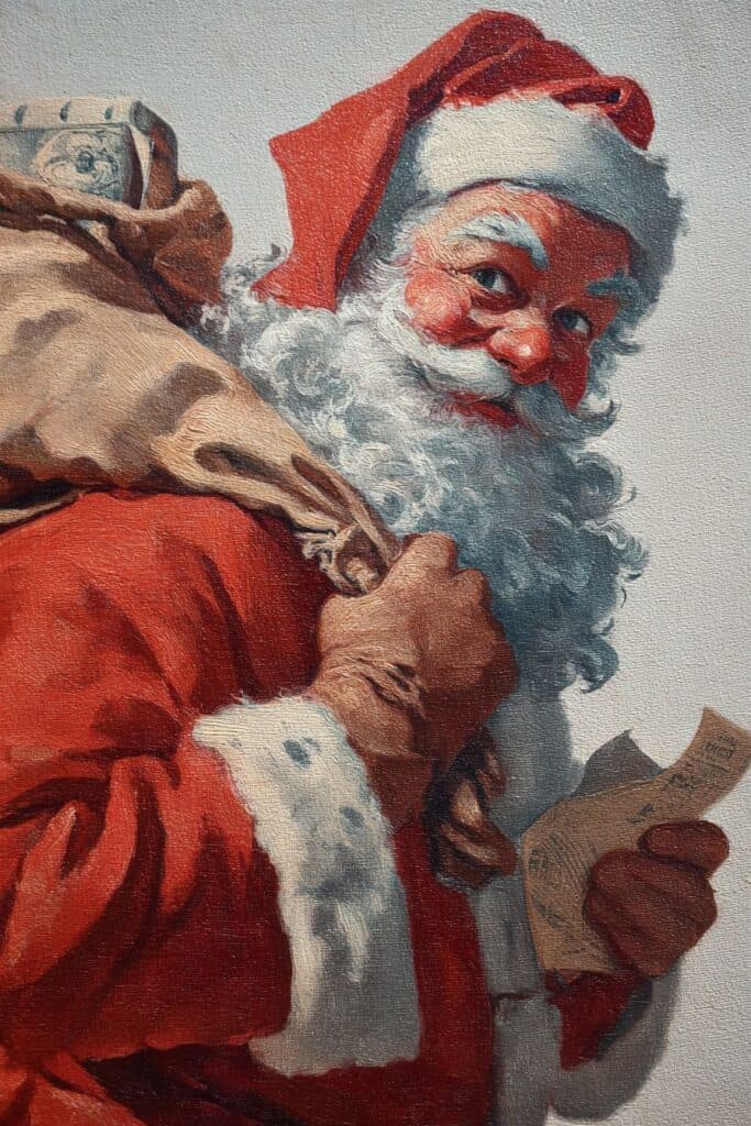 Santa Claus with a gift bag and a letter, festive Christmas illustration, holiday spirit image, The Sketch & Doodle Club artwork.