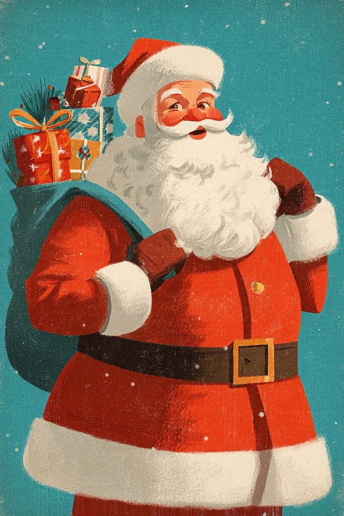 Festive Santa Claus carrying Christmas presents with snow and holiday theme.