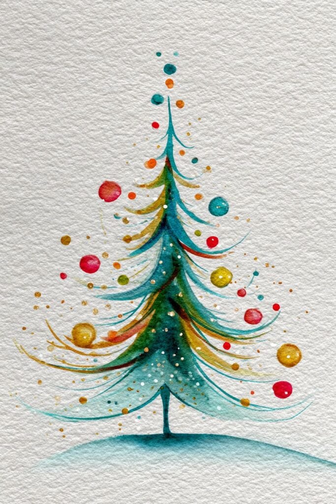Colorful watercolor Christmas tree with ornaments and gold accents.