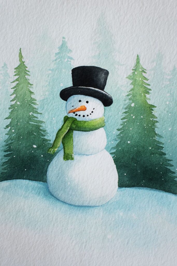 Snowman with black top hat, green scarf, and carrot nose in snowy forest watercolor illustration.