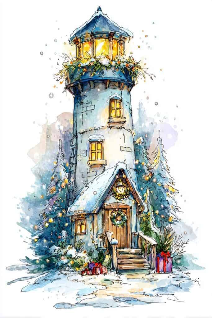 Watercolor illustration of a festive winter scene with a cozy holiday house and decorated Christmas tree.