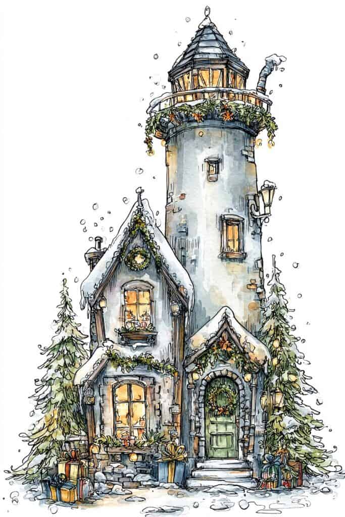 Cozy holiday house on snowy winter night with decorated wreaths and wrapped gifts.