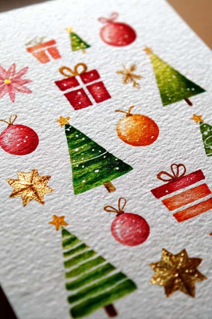 Colorful Christmas doodle stickers of trees, ornaments, presents, stars, and holiday symbols, festive holiday decorations, holiday craft embellishments, seasonal art, holiday sticker set.