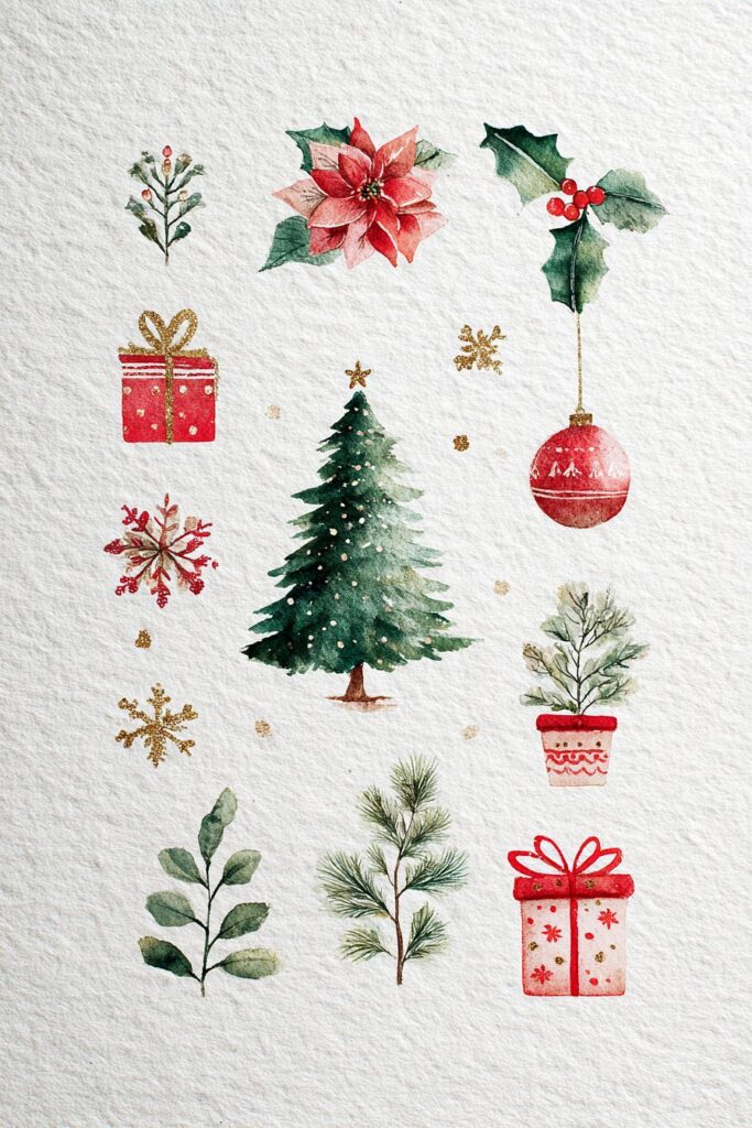 Watercolor Christmas tree, holly, poinsettia, ornaments, presents, and snowflakes.