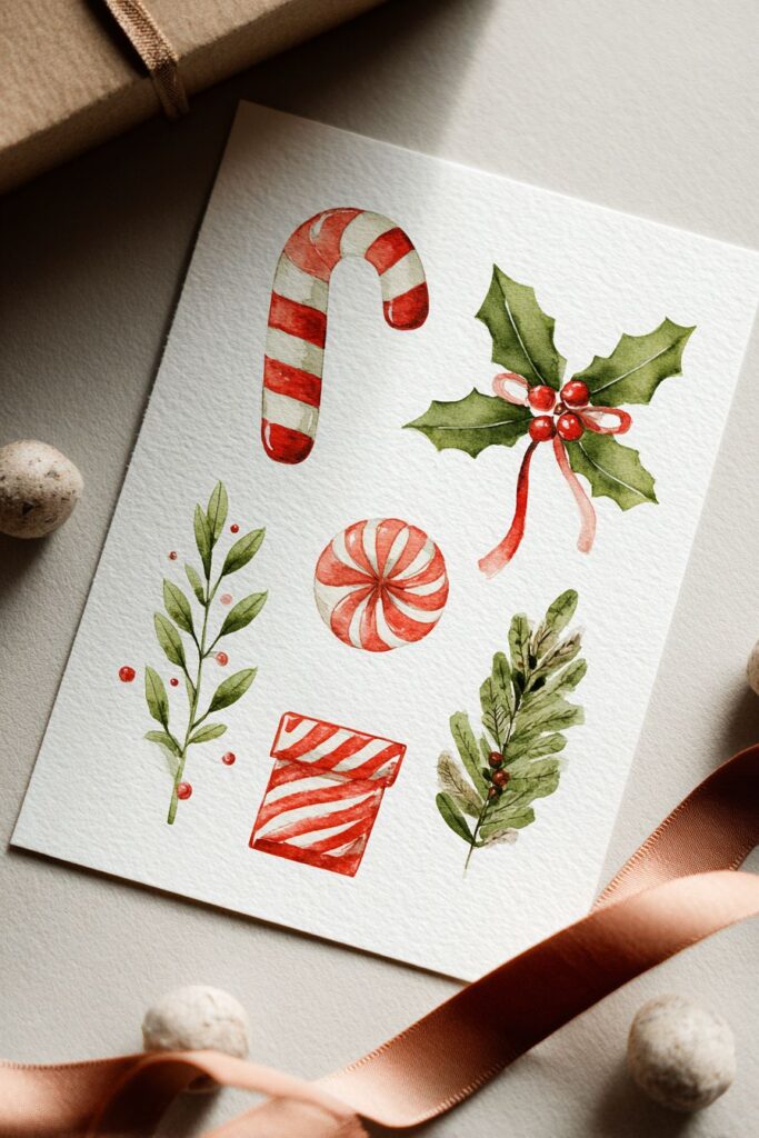 Watercolor Christmas candy canes, holly, mistletoe, and festive holiday illustrations.