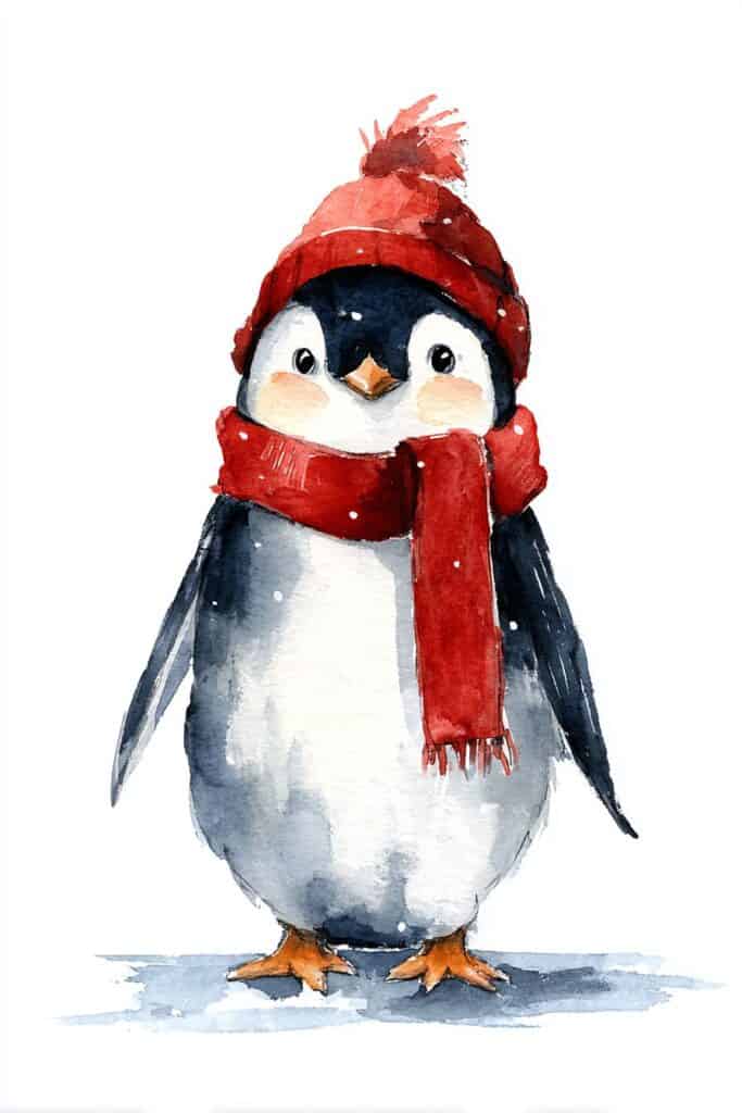 Cute penguin wearing a red winter hat and scarf, watercolor art, holiday theme.