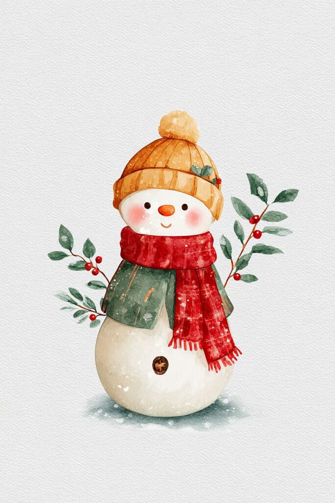 Snowman with a festive hat and scarf, holiday winter illustration, Christmas decoration.