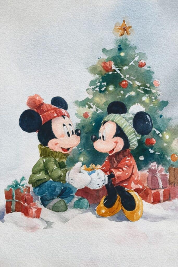 Festive watercolor illustration of Mickey and Minnie Mouse exchanging gifts by Christmas tree.