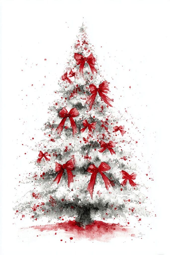 Red Christmas tree with bows watercolor painting.