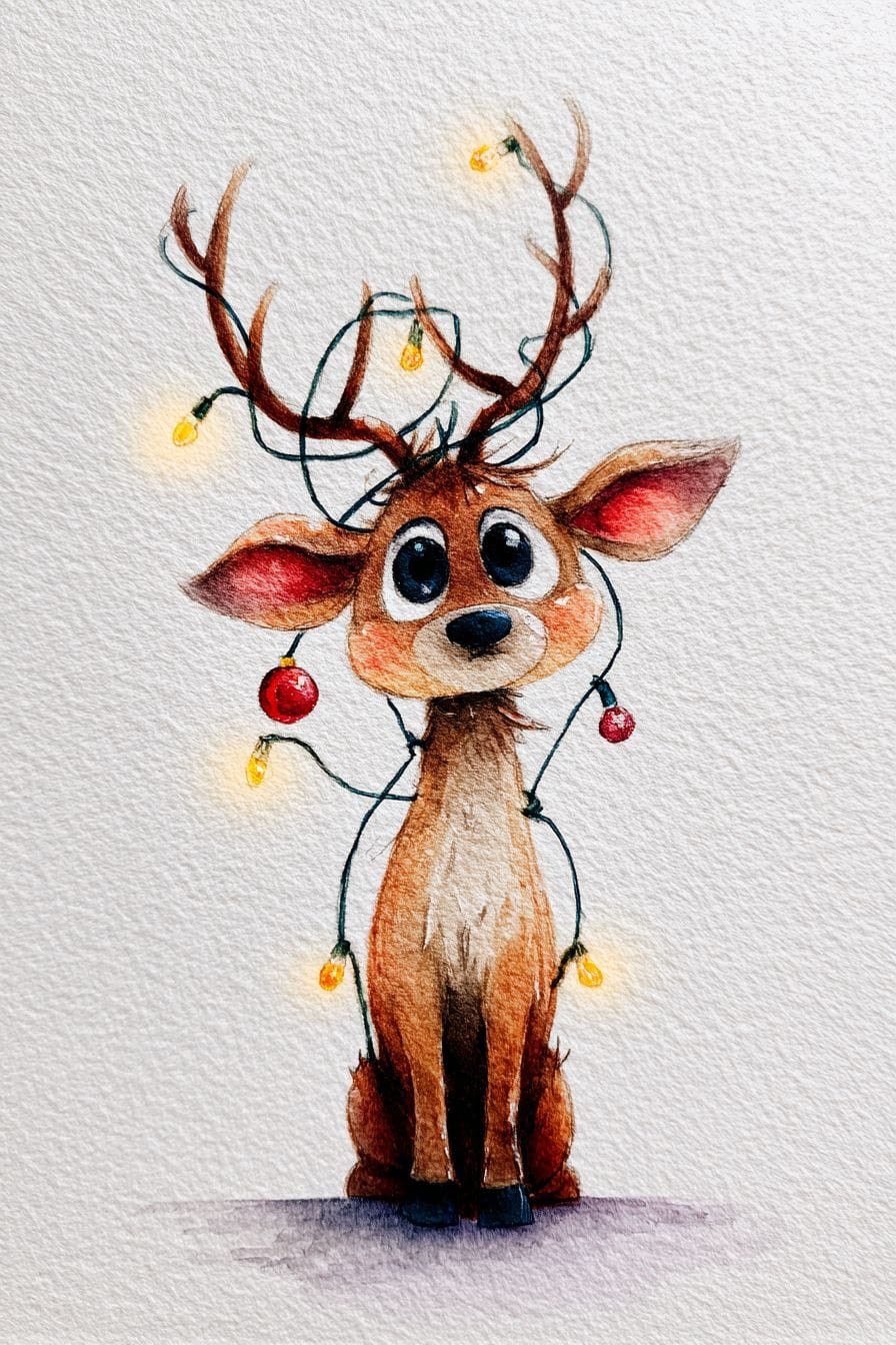 Cute watercolor reindeer with antlers decorated with Christmas lights and ornaments, festive holiday illustration.