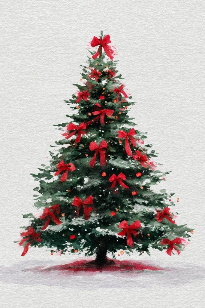 Christmas tree watercolor painting with red bows and ornaments, holiday decor artwork.