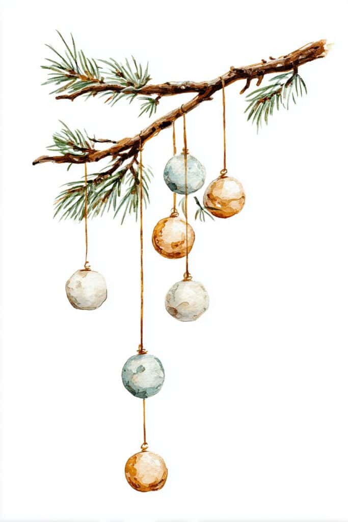 Delightful watercolor illustration of hanging Christmas ornaments on pine branch.