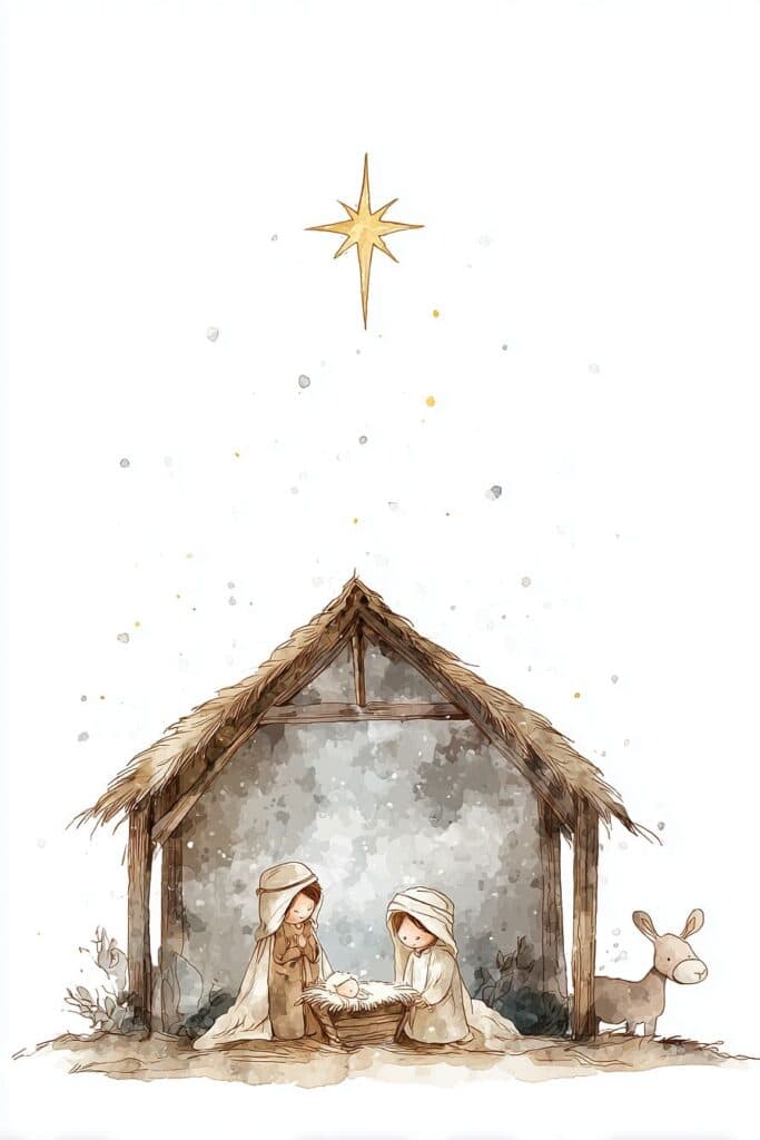 Hand-drawn Nativity scene with Mary, Joseph, Baby Jesus, donkey, and shining star, watercolor style.