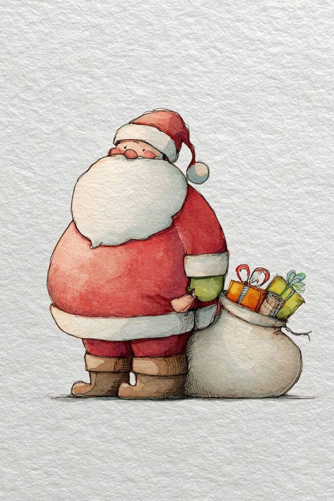 Santa Claus holding a bag of gifts with watercolor art style.