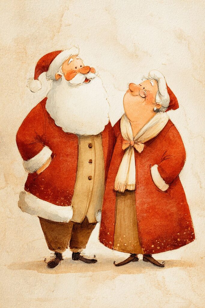Santa Claus and Mrs. Claus watercolor illustration, festive holiday Christmas characters.