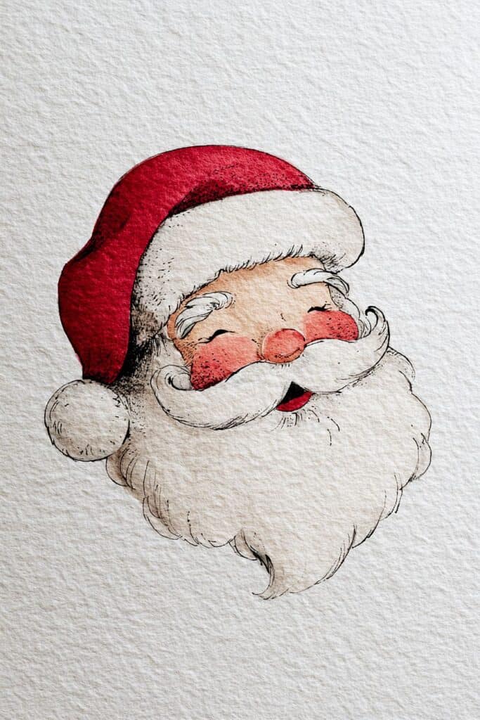 Santa Claus watercolor illustration, festive holiday drawing, Christmas character art.
