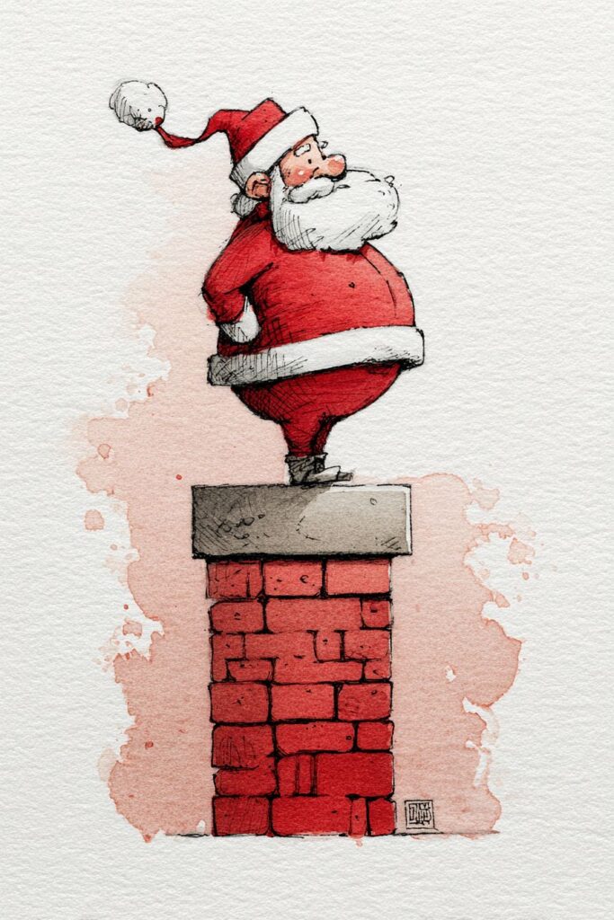 Santa Claus standing on a brick chimney watercolor illustration.
