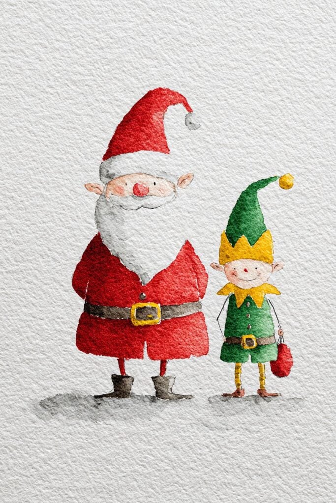 Santa Claus and elf watercolor illustration, Christmas holiday art, festive seasonal drawing, holiday cheer artwork, holiday illustration.