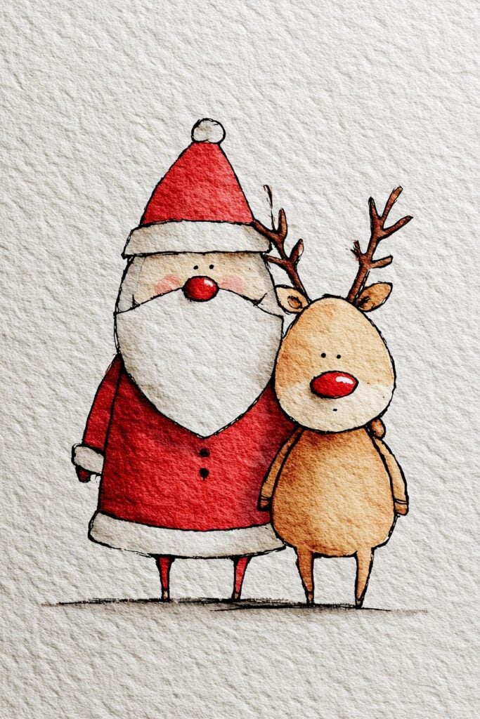 Santa Claus and reindeer watercolor illustration, festive holiday drawing, Christmas character art, holiday greeting card design, The Sketch & Doodle Club.