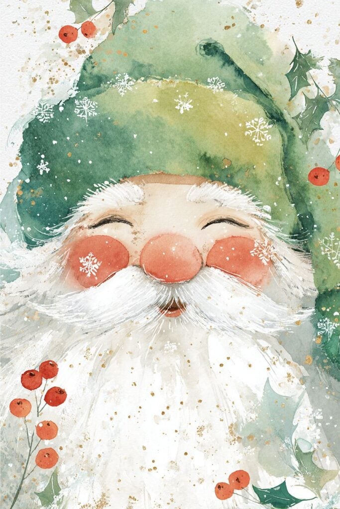 Whimsical Santa Claus watercolor illustration with Christmas holly, festive holiday art.