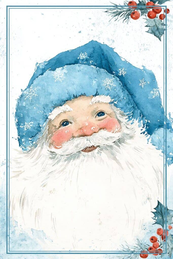 Cute Santa Claus watercolor illustration with holiday accents and snowflakes.