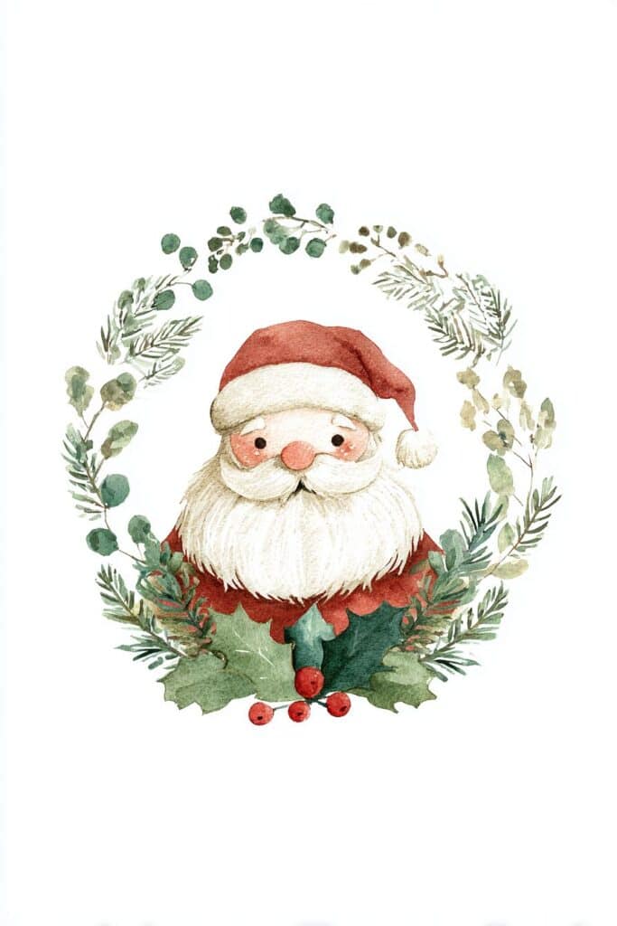Santa Claus watercolor illustration with holiday greenery wreath.