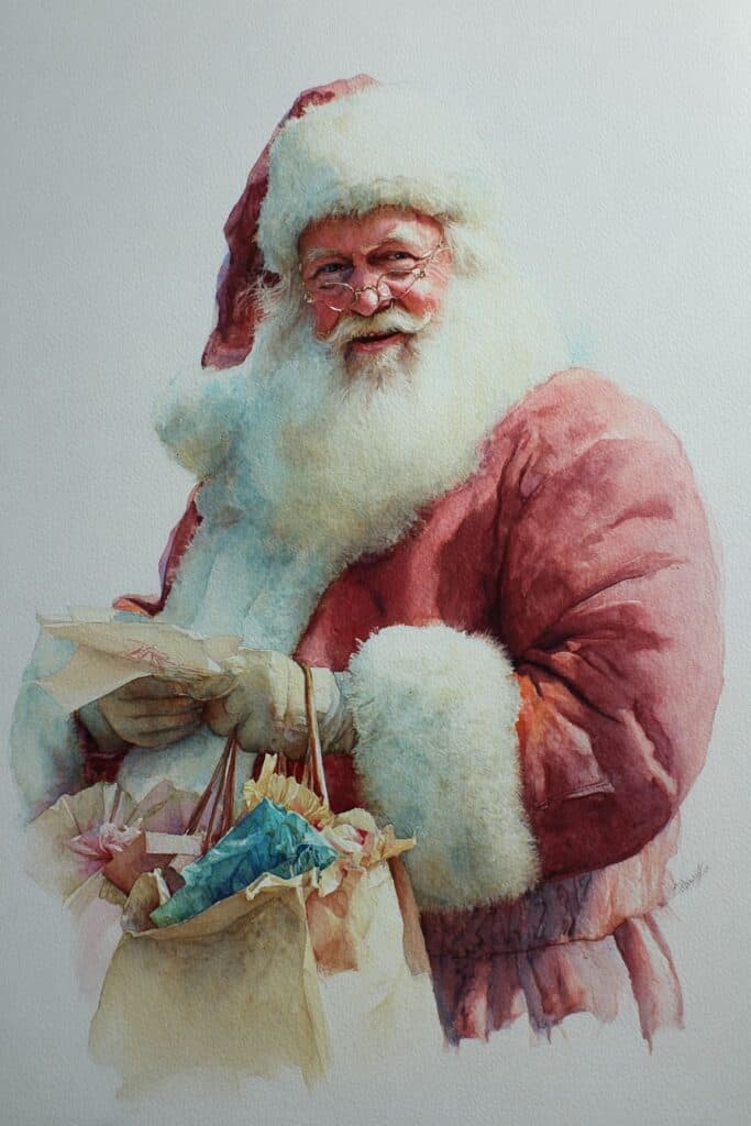 Colorful Santa Claus watercolor illustration, holiday season illustration, Santa with gift bag, cheerful Santa artwork, festive holiday watercolor art.