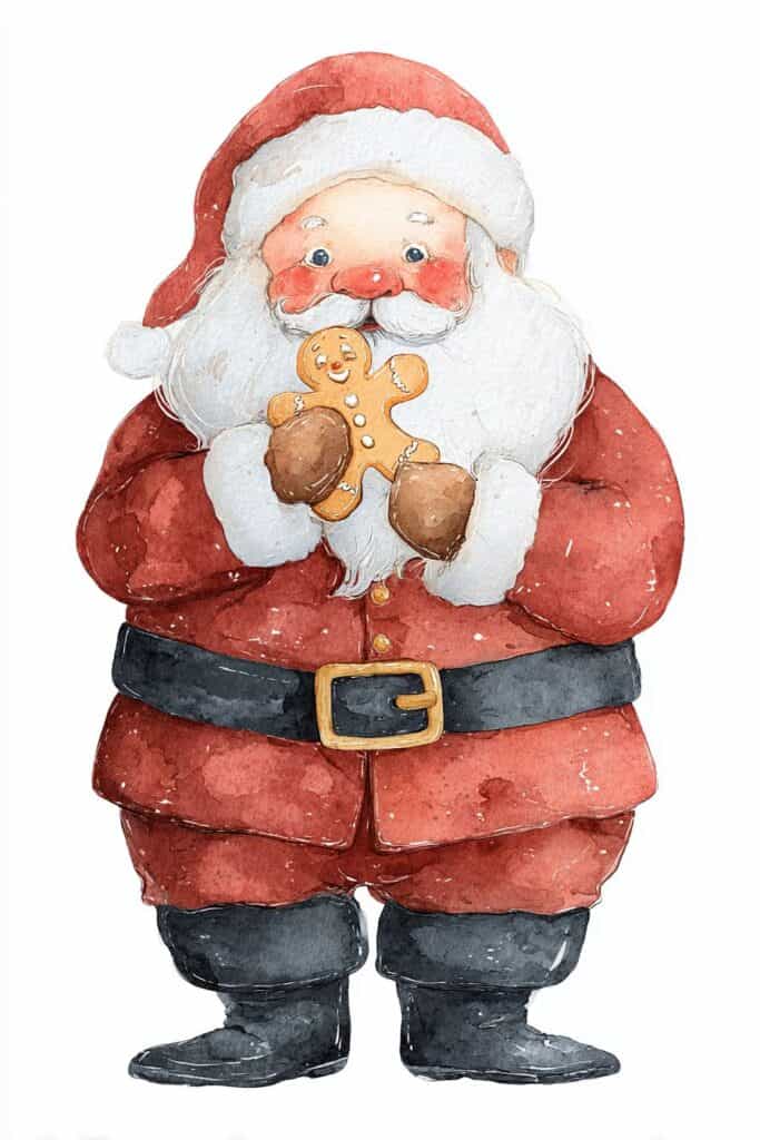 Cheerful Santa Claus holding gingerbread cookies watercolor illustration.