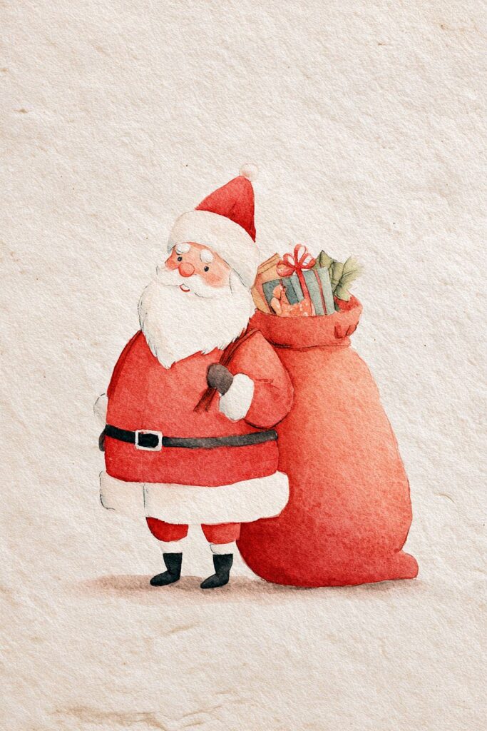 Santa Claus with a Christmas sack of gifts depicted in watercolor.
