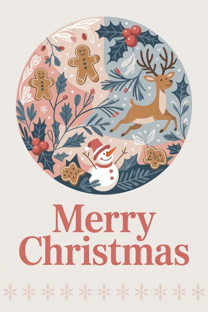 Festive Christmas illustration with reindeer, gingerbread cookies, snowman, holly berries, and holiday greenery.