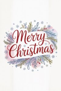 Festive Merry Christmas greeting with watercolor winter foliage and snowflakes.