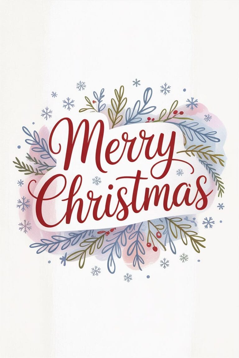 Festive Merry Christmas greeting with watercolor winter foliage and snowflakes.