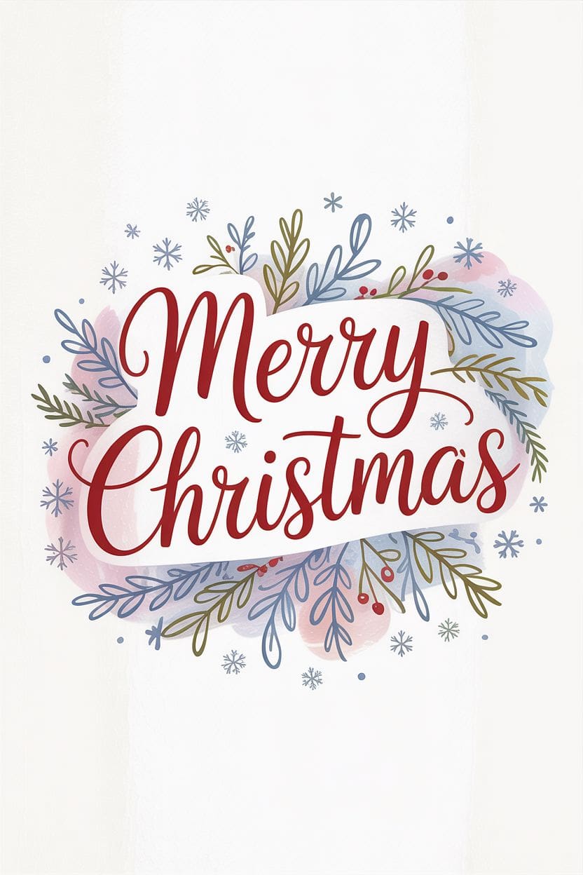 Festive Merry Christmas greeting with watercolor winter foliage and snowflakes.