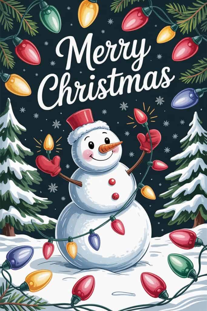 Colorful Christmas lights on snowman with trees and "Merry Christmas" message, holiday decor.