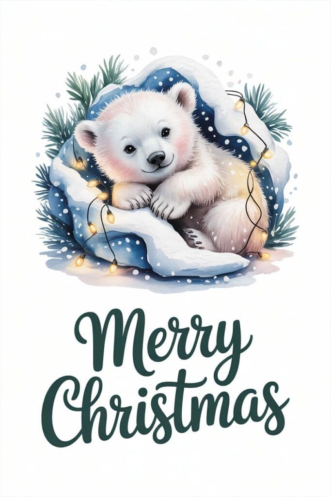 Adorable polar bear cub with holiday lights and snowy pine branches, Christmas greeting card.