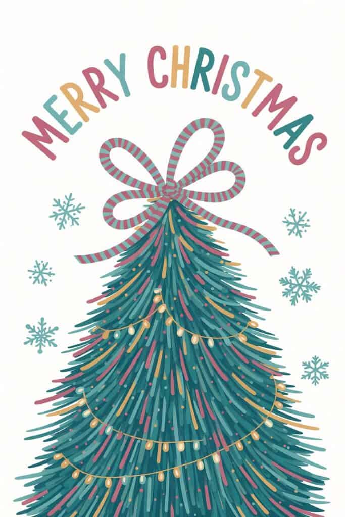 Merry Christmas Tree with lights and a striped bow, holiday winter celebration decor.