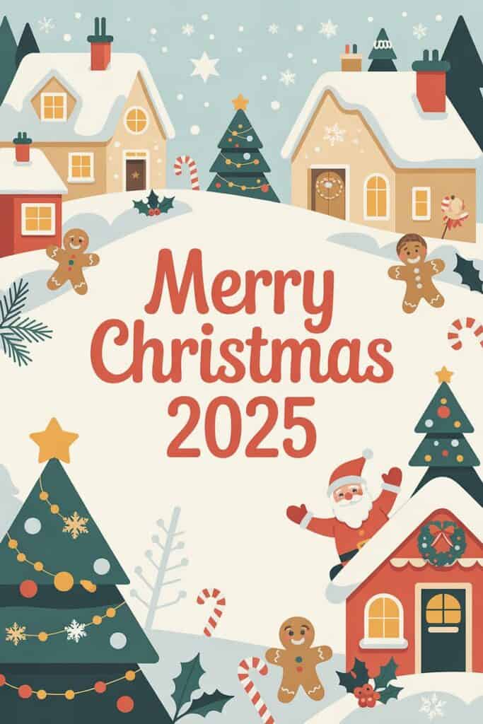 Festive Christmas winter scene with gingerbread cookies, decorated Christmas trees, and Santa Claus.