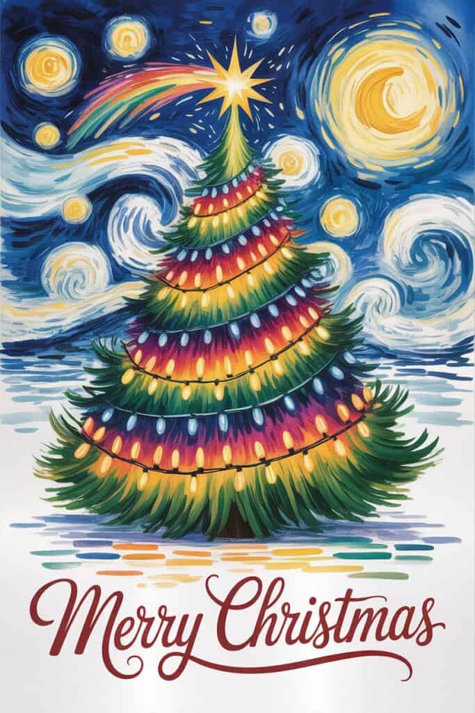 Colorful illustrated Christmas tree with lights and stars, holiday greeting card design.