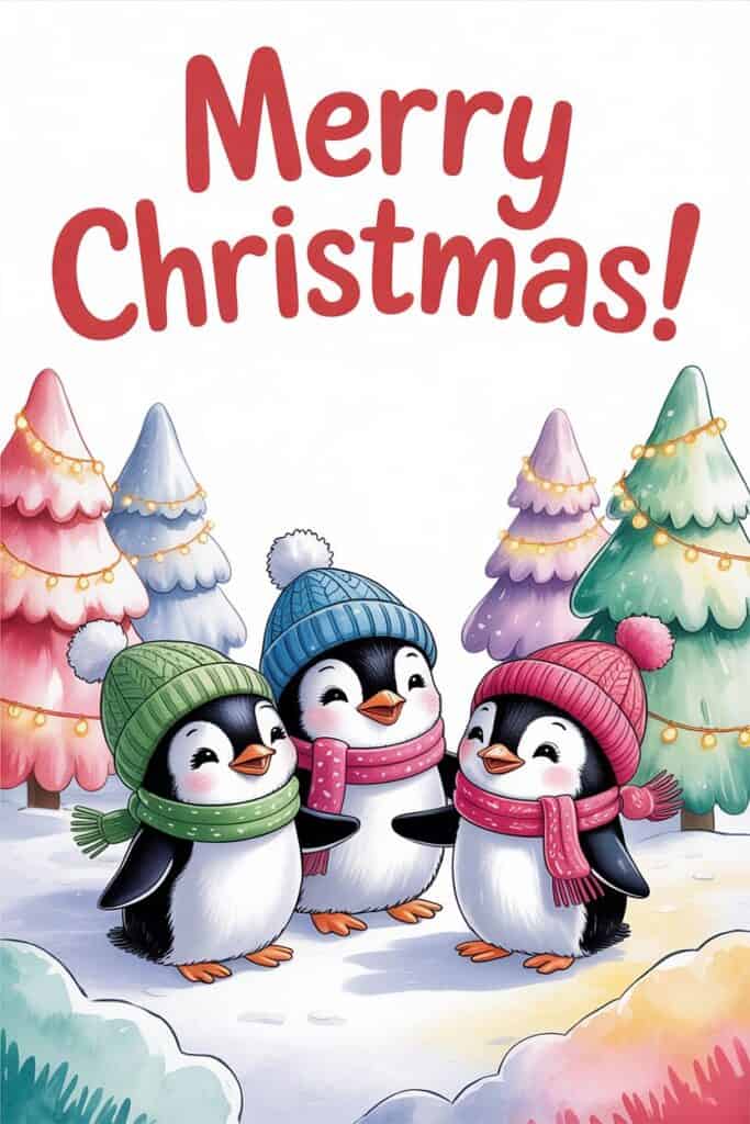 Adorable penguins wearing colorful winter hats and scarves celebrating Christmas outdoors.