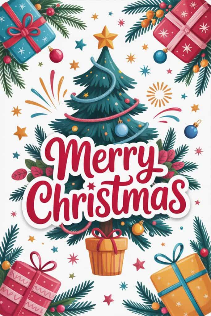 Festive Christmas tree with ornaments, presents, and "Merry Christmas" message.